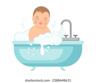 Baby boy in a bath with foam. Baby shower illustration. Design for baby hygiene products. Vector