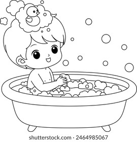 Baby boy in bathroom taking a shower coloring page clipart cartoon character. Child doing daily routine vector illustration.