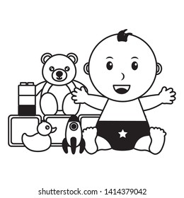 baby boy with bear duck rocket blocks toys vector illustration