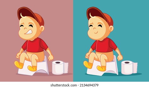 
Baby Boy Before And After Treating Constipation Vector Cartoon. Little Child Having Problems With Digestion Sitting On A Potty
