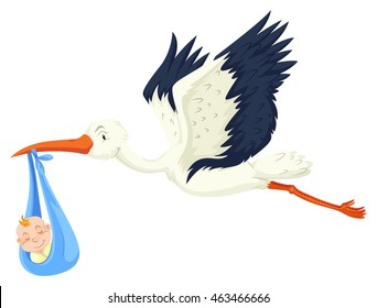 Baby boy being delivered by crane illustration