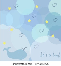 Baby Boy Birth announcement. Baby whale announces the arrival of a baby boy. Card Design with gold blue message. Blue Background with blue bubbles and stars.