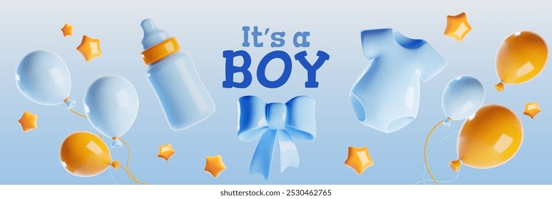 Baby boy birthday banner. Vector realistic illustration of blue 3D balloons, infant clothes, ribbon bow, bottle, yellow stars on light pastel purple background, gender party announcement layout
