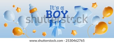 Baby boy birthday banner. Vector realistic illustration of blue 3D balloons, infant clothes, ribbon bow, bottle, yellow stars on light pastel purple background, gender party announcement layout