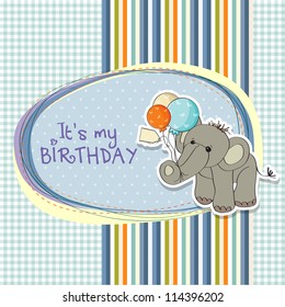 baby boy birthday card with elephant and balloons