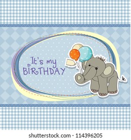 baby boy birthday card with elephant and balloons
