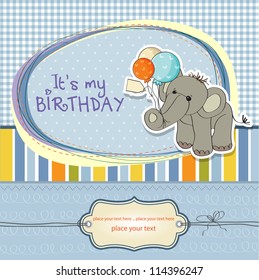 baby boy birthday card with elephant and balloons