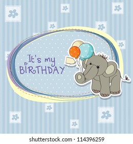 baby boy birthday card with elephant and balloons