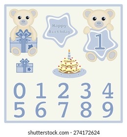 Baby boy birthday card Gift card Birthday cake and candle vector Cute baby boy bears vector illustration with star and numbers symbol Cartoon baby animal vector Happy birthday newborn announcement