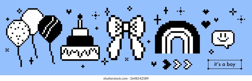 Banner horizontal do aniversário do bebê na arte do pixel. Conjunto de adesivos retro Y2k da moda de balões, arco de fita, arco-íris, estrelas, brilhos no fundo azul claro. Ilustração vetorial. O humor da estética dos anos 90