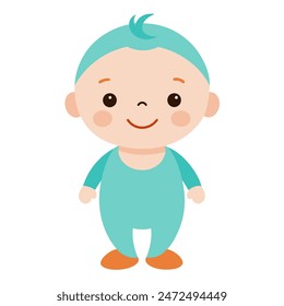 A baby boy in blue clothes sitting on white background