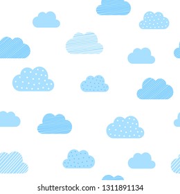 Baby boy blue clouds pattern background. Vector baby shower and birthday greeting card cloud seamless pattern background