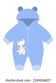 Baby boy blue jumpsuit with cute dinosaur and hood with ears. Clothing for infant kids. Vector illustration isolated design