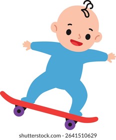 A baby boy in a blue onesie happily rides a red skateboard, showing balance and joy in a playful activity. The image evokes a fun and cheerful mood.