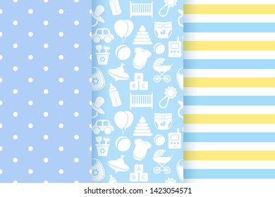 Baby boy blue pattern. Baby shower seamless backgrounds. Vector. Set pastel patterns for invitation, invite templates, cards, birth party, scrapbook. Cute illustration in flat design.