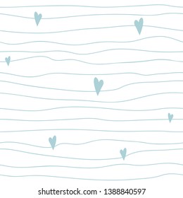 Baby boy blue seamless pattern Scandinavian childish style Cute irregular stripes with hearts Hand drawn simple texture Light bue background baby shower Repeat abstract template Vector illustration.