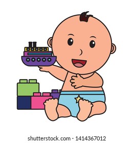 baby boy with boat and blocks bricks toys vector illustration