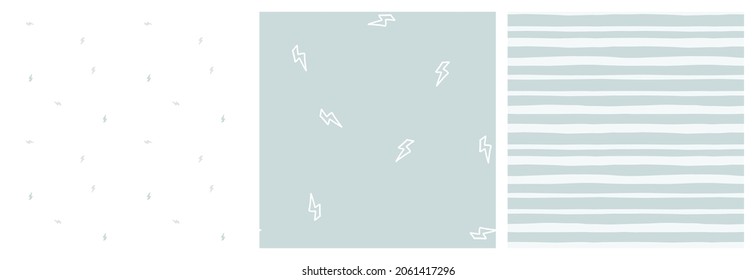 Baby Boys Bolzen und Streifen Skandi nahtlos Muster in pastellgrauem Blau-Weiß-Design. Blitzschlag, Donner und handgezeichnete Linien zur Koordinierung der Vektorwiederholung.