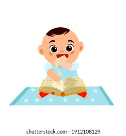 Baby boy and a book. Naughty children behavior. Little kid tricks. Child plays and grows. Funny character. Editable vector illustration in a flat cartoon style isolated on a white background.