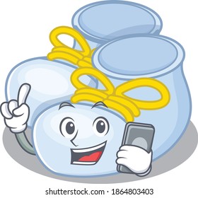 Baby boy boots caricature character speaking with friends on phone