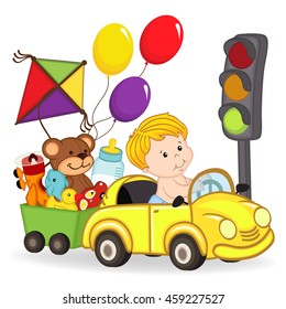 baby boy by car with toys - vector illustration, eps