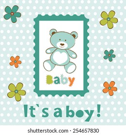 Baby boy card with cute teddy bear in frame. vector illustration