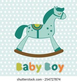 Baby Boy Card With Rocking Horse. Vector Illustration