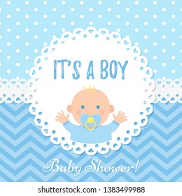 Baby boy card. Baby Shower boy design. Cute blue banner. Vector. Birth party background. Happy greeting poster. Welcome template invite with newborn kid and polka dots. Cartoon illustration.