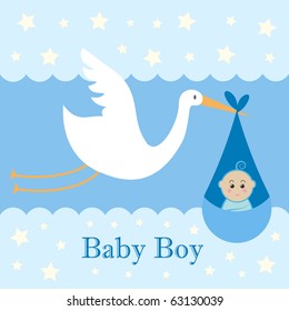 Baby Boy Card - A stork delivering a cute baby boy.