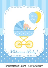 Baby Boy Card. Vector. Baby Shower Invite Banner. Blue Design Invitation. Cute Birth Party Background. Welcome Template. Happy Greeting Poster With Newborn Kid And Pram. Cartoon Flat Illustration.