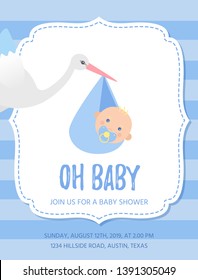 Baby boy card. Vector. Baby Shower invitation banner. Welcome template invite. Cute birth party background. Happy greeting holiday poster with newborn kid. Blue design. Cartoon flat illustration.