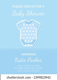 Baby boy card. Vector. Baby Shower invite. Welcome template invitation banner. Cute blue design. Birth party background. Happy greeting holiday poster with onesie. Cartoon flat illustration.