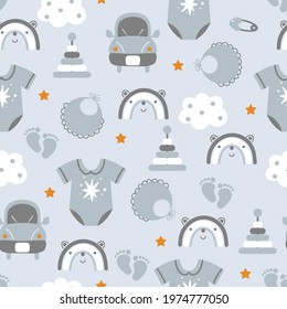 Baby boy care accessories and toys hand drawn seamless pattern. Perfect for textile, print, greeting cards, wrapping paper, wallpaper.