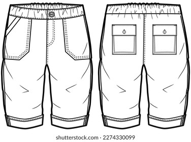 Baby boy Cargo rolled up pant design flat sketch fashion illustration vector template with front and back view,  Toddler baby Casual chino utility trouser slim fit pants cad drawing mock up