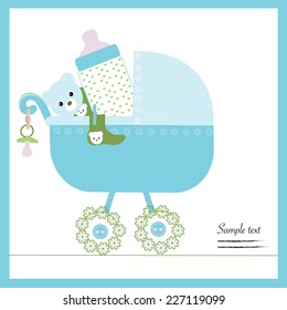 Baby boy carriage with bottle, soother, teddy bear and socks vector