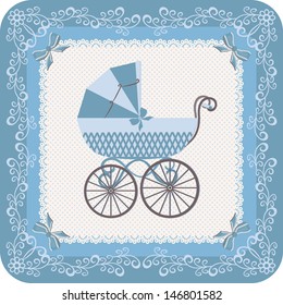 Baby boy carriage. Congratulatory vintage postcard for baby with blue carriage. Congratulate newborn. Retro style.
