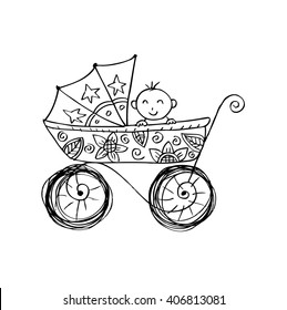 Baby boy in carriage. Doodle style.