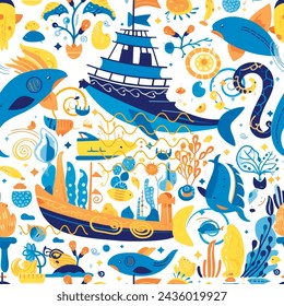 Baby boy cartoon hand drawn beautiful funny seamless pattern in blue yellow colors. Vector white background with colorful fantasy undersea world, fishes, sea, ships. Fabric pattern, wallpaper for boys
