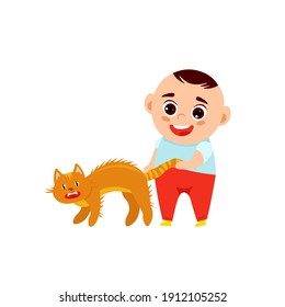 Baby Boy And A Cat. Naughty Children Behavior. Little Kid Tricks. Child Plays And Grows. Funny Character. Editable Vector Illustration In A Flat Cartoon Style Isolated On A White Background. 