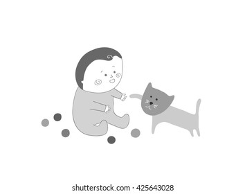 Baby boy and Cat playing, vector illustration