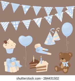 Baby boy celebration icons in blue.