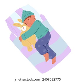 Baby Boy Character Sleeping. In A Cozy Bed, A Cute Little Child Peacefully Sleeps, Hugging Stuffed Animal, Dreams Dancing In The Serenity Of The Room. Isolated Cartoon People Vector Illustration