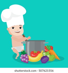 Baby boy in chef hat standing near big pan with vegetables. Baby boy playing with saucepan and vegetables. Caucasian baby cooking healthy vegetable meal. Vector flat design illustration. Square layout