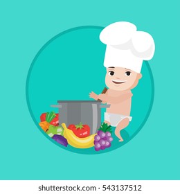 Baby boy in chef hat standing near big saucepan and vegetables. Baby boy playing with saucepan. Caucasian baby cooking in saucepan. Vector flat design illustration in the circle isolated on background