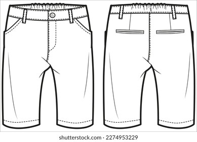 Niño niño niño diseño de una pana ancha diseño de dibujo plano ilustración de moda modelo de vectores con vista frontal y trasera, niño bebé Casual pantalones ajustados rectos pantalones de ajuste cad dibujo maqueta