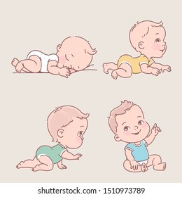 Baby boy in clothes.  Cute active little boy sleep, sit, learn to crawl. Development from newborn  six months. Toddler start to sit, crawl. First year milestones. Vector color illustration set.