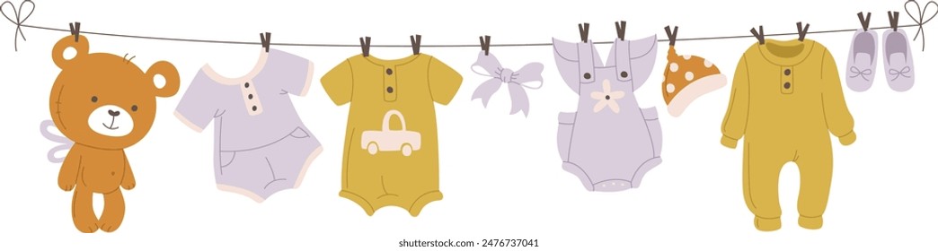 Baby Boy Clothes Drying Rope Vector Illustration