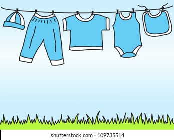 Baby boy clothes on clothesline - hand drawn illustration
