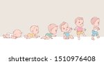 Baby boy in clothes. Set of child health and development icons in line. Scale of baby growth from newborn to toddler. First year milestones. Cute boy of 12 months. Vector color illustration. 