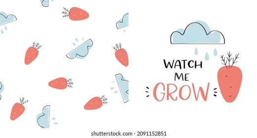 Baby boy clothing print vector design. Set of carrot and clouds graphic elements, Watch me grow phrase and coordinating non-directional seamless pattern, that is suitable for spring textile.